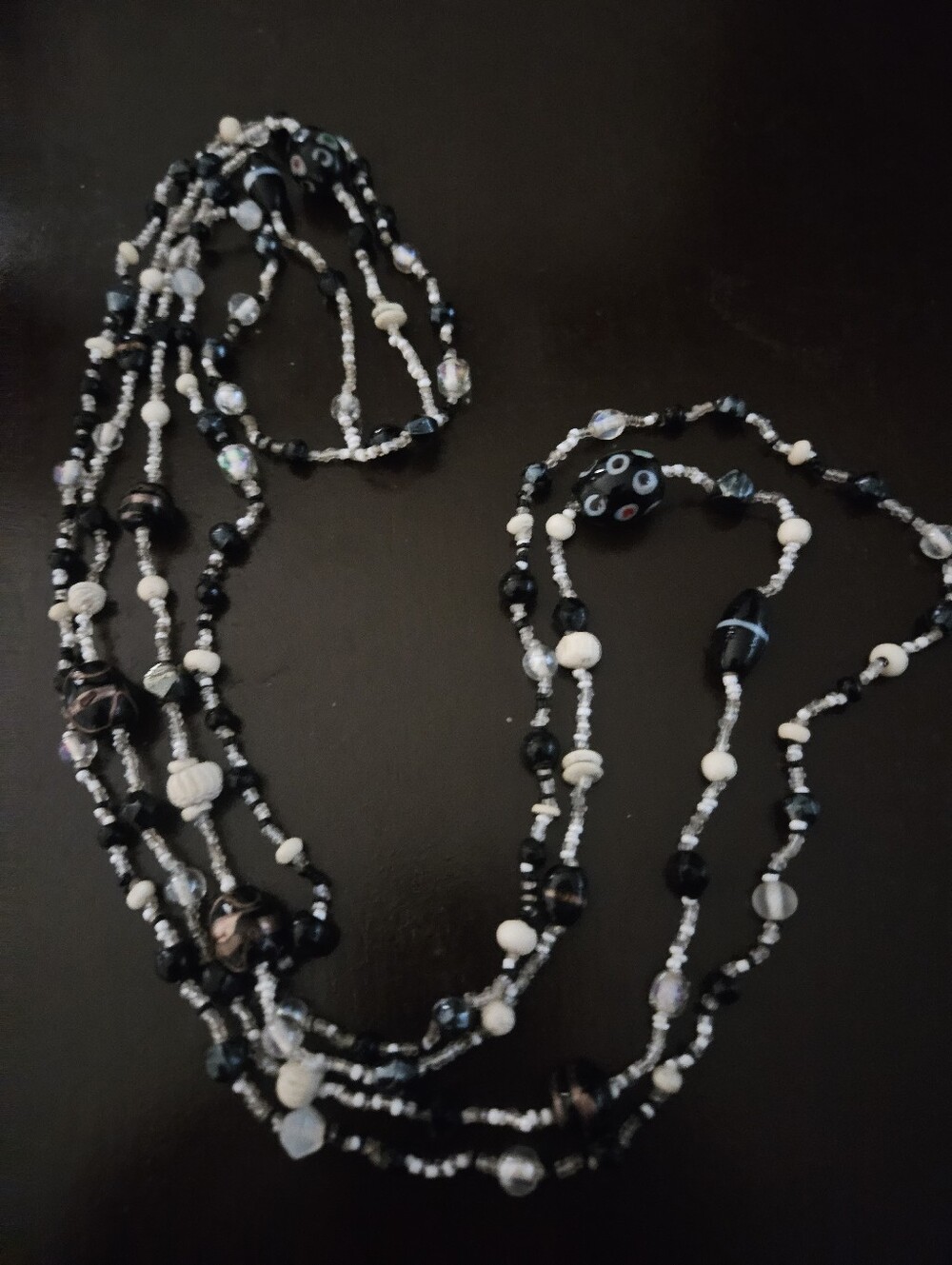 Vintage Boho Multi Strand Black & White Glass Lampwork Bead Statement Necklace.